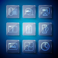 Set line Browser FAQ, Piece of puzzle, Time Management, Computer monitor and, Clipboard with question marks, Telephone and Mobile icon. Vector