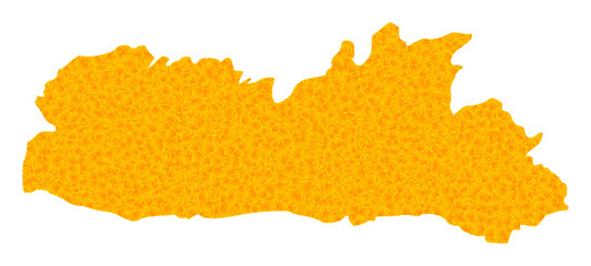 Vector Gold map of Meghalaya State. Map of Meghalaya State is isolated on a white background. Gold particles pattern based on solid yellow map of Meghalaya State.