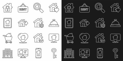 Set line House key, Location with house, Hotel service bell, Search, Sale, Online real estate, under protection and icon. Vector