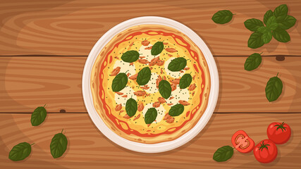 Detailed flat vector illustration of a delicious Italian style Pizza al Tonno on a plate surrounded with fresh ingredients.
