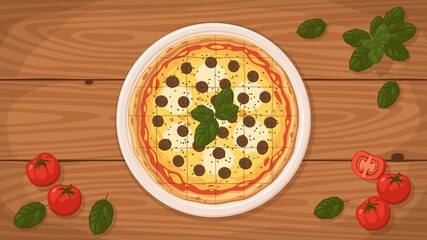 Detailed flat vector illustration of a delicious Chicago-Style Pizza on a plate surrounded with fresh ingredients.
