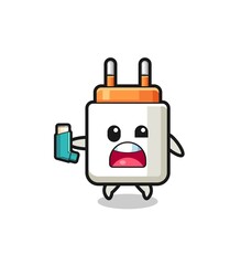 power adapter mascot having asthma while holding the inhaler