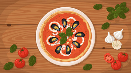 Detailed flat vector illustration of a delicious Italian style Pizza Frutti di Mare on a plate surrounded with fresh ingredients.