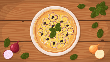 Detailed flat vector illustration of a delicious Argentinian style Pizza Fugazzeta on a plate surrounded with fresh ingredients.