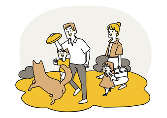 公園で犬を連れピクニックをする家族　温かみのある手描きの人物イラスト　白バックにベクター