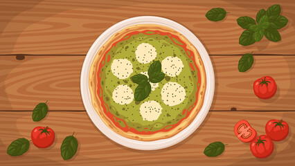 Detailed flat vector illustration of a delicious Italian style Pizza Pesto Genovese on a plate surrounded with fresh ingredients.