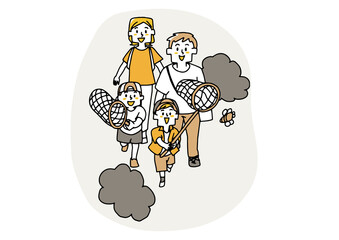野山で虫取りをする家族　幸せな夏の休暇　温かみのある人物イラスト　白バックにベクター