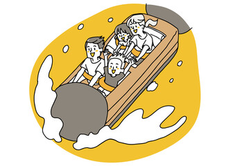 アミューズメントパークで乗り物に乗る家族　幸せな夏の休暇　温かみのある人物イラスト　白バックにベクタ