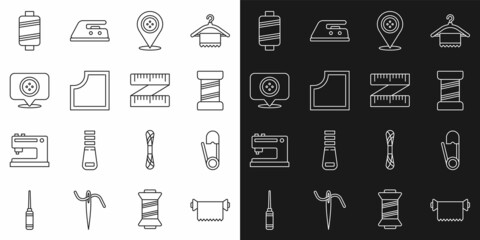 Set line Textile fabric roll, Safety pin, Sewing thread, Location tailor shop, Pattern, and Tape measure icon. Vector