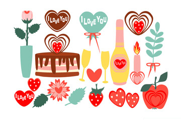 Valentine's Day, a set of color drawings, for Valentine's Day, for printing and design