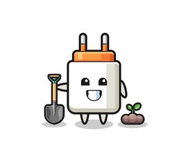 cute power adapter cartoon is planting a tree seed