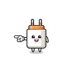 power adapter cartoon with pointing left gesture