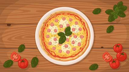 Detailed flat vector illustration of a delicious Italian style Pizza Viennese on a plate surrounded with fresh ingredients.