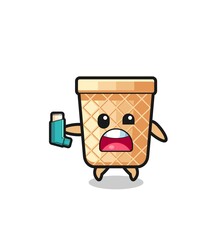 Fototapeta premium waffle cone mascot having asthma while holding the inhaler