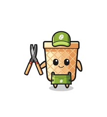 cute waffle cone as gardener mascot