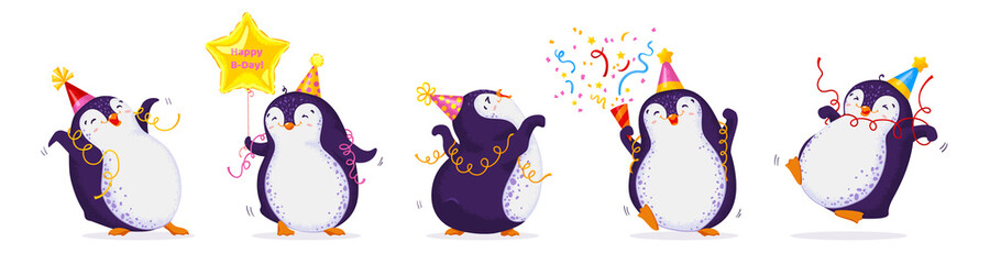 Set of cute dancing penguins in different poses and birthday caps. Happy Birthday greetings. Vector illustration in cartoon style.
