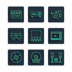 Set line CD or DVD disk, Home stereo with two speakers, Cinema camera, auditorium screen, Comedy and tragedy masks, Movie clapper and Online play video icon. Vector