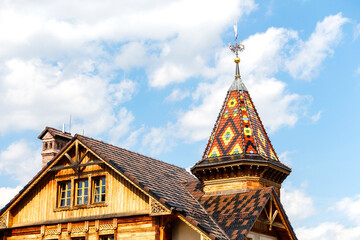 Fototapeta premium Wooden house with colorful bright roof. Country House Old rural wooden house in abandoned village in summer sunny day. Ukraine, Truskavets