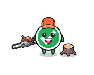 check mark lumberjack character holding a chainsaw