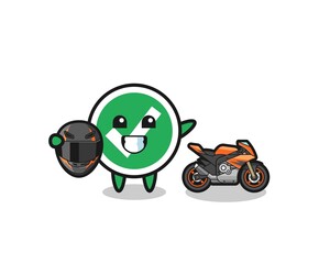 cute check mark cartoon as a motorcycle racer