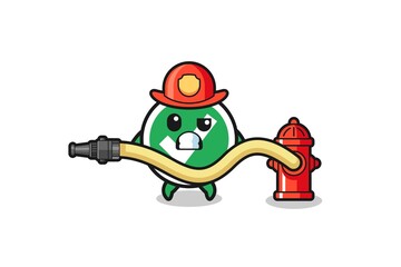 check mark cartoon as firefighter mascot with water hose