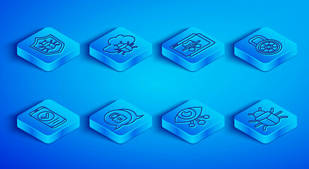 Set line System bug, on a cloud, Browser incognito window, Cyber security, Eye scan, Safe combination lock, Smartphone and icon. Vector