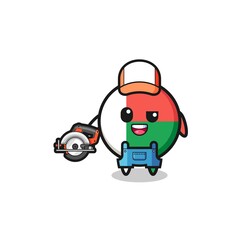 the woodworker madagascar flag mascot holding a circular saw
