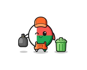the mascot of cute madagascar flag as garbage collector