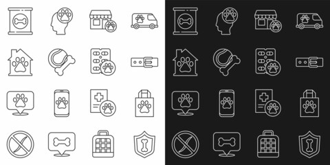 Set line Animal health insurance, Shopping bag pet, Collar with name tag, Veterinary hospital, Pet toys bone rubber and ball, house, Canned food and Dog pill icon. Vector