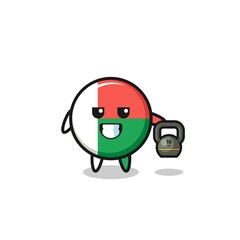 madagascar flag mascot lifting kettlebell in the gym