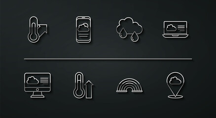 Set line Meteorology thermometer, Weather forecast, Rainbow, Location cloud and Cloud with rain icon. Vector