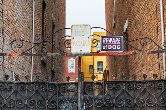 Beware of Dog sign on a rusted alley gate.