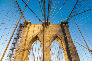 Cables and tower on the Brooklyn Bridge.