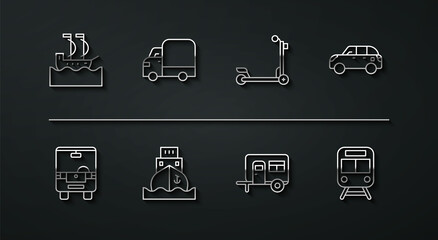 Set line Sailboat, Bus, Hatchback car, Rv Camping trailer, Cargo ship, Delivery cargo truck, Train and railway and Scooter icon. Vector