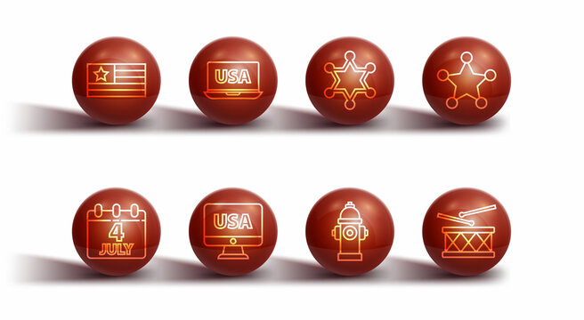 Set line American flag, Calendar with date July 4, Hexagram sheriff, Fire hydrant, USA on monitor, laptop, Drum and drum sticks and icon. Vector