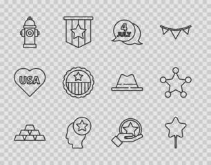 Set line Gold bars, Balloon, USA Independence day, Head, Fire hydrant, Medal with star, and Hexagram sheriff icon. Vector