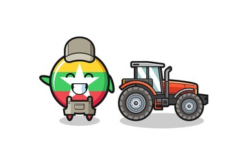the myanmar flag farmer mascot standing beside a tractor