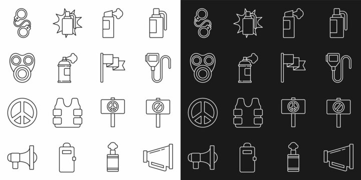 Set line Megaphone, Protest, Walkie talkie, Pepper spray, Paint can, Gas mask, Handcuffs and Location marker icon. Vector