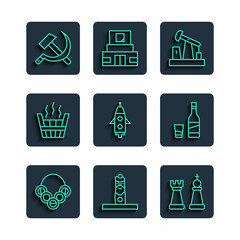 Set line Russian bagels, Slavic pagan idol, Chess, Oil pump or pump jack, Rocket ship, Sauna bucket, Hammer and sickle USSR and Bottle of vodka with glass icon. Vector