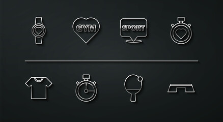 Set line Smartwatch, T-shirt, Heart in the center stopwatch, Racket and ball, Stopwatch, Fitness gym heart, Step platform and Location icon. Vector