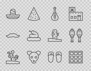 Fototapeta premium Set line Cactus, Chocolate bar, Mexican guitar, Dog, sombrero, Snake, Flip flops and Maracas icon. Vector