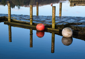 Buoys floating by jetty on Lake Windermere
