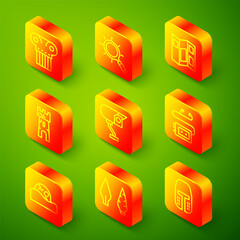 Set line Ancient column, Magnifying glass, Museum guide brochure, Castle tower, Security camera, audio, Human skull and Stone age arrow head icon. Vector