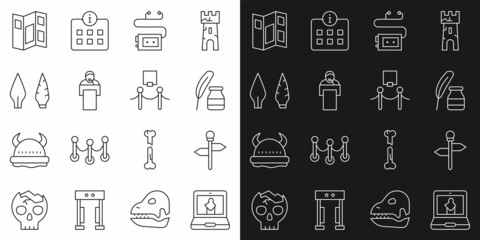 Set line Online museum, Road traffic signpost, Feather and inkwell, Museum audio guide, Gives lecture, Stone age arrow head, brochure and Picture rope barrier icon. Vector