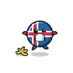 Fototapeta na wymiar iceland flag cartoon is slip on a banana peel