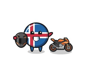 cute iceland flag cartoon as a motorcycle racer