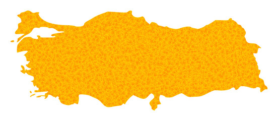 Vector Golden map of Turkey. Map of Turkey is isolated on a white background. Golden items pattern based on solid yellow map of Turkey.