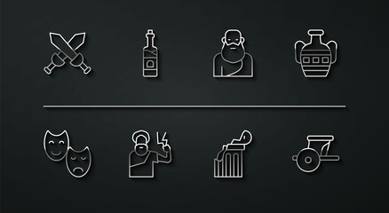 Set line Crossed medieval sword, Comedy and tragedy masks, Ancient amphorae, Broken ancient column, Zeus, Bottle of wine, chariot and Socrates icon. Vector