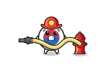 south korea flag cartoon as firefighter mascot with water hose