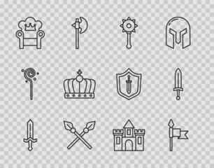 Set line Medieval sword, spear, chained mace ball, Crossed medieval spears, throne, King crown, Castle, fortress and icon. Vector